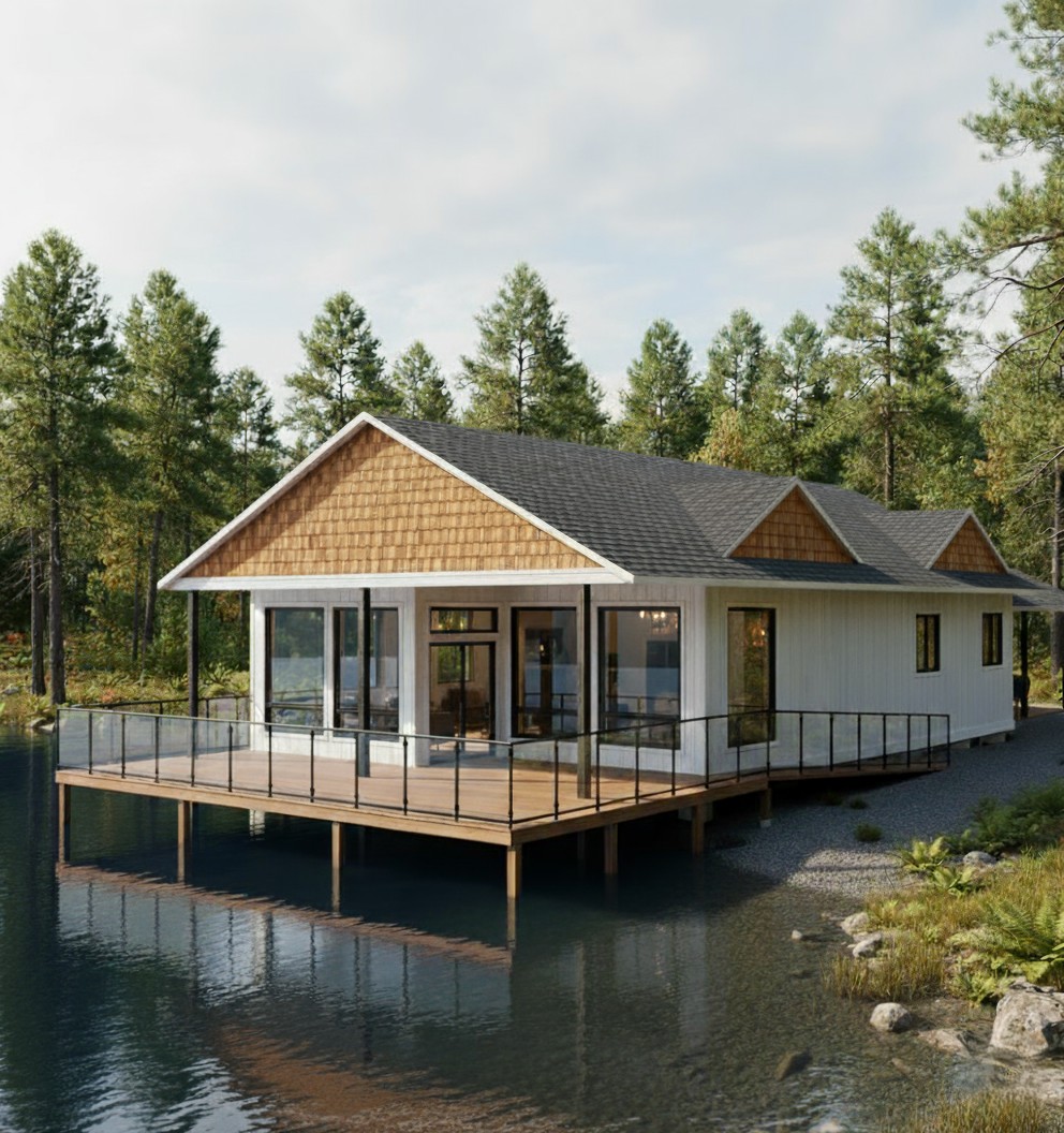 White lakeside modular home with shingled gable roof