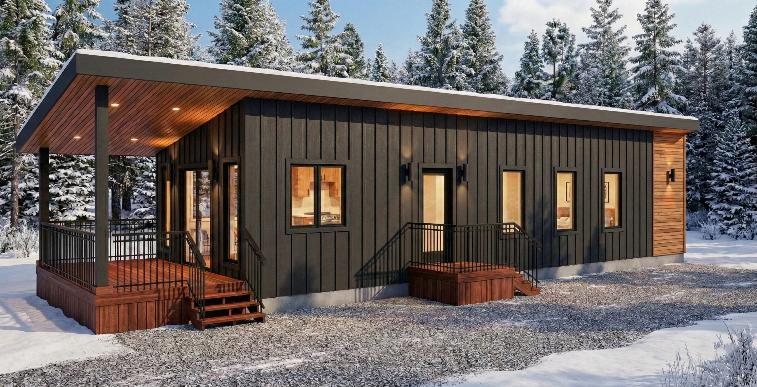 Dark modular cabin set in a snowy forest