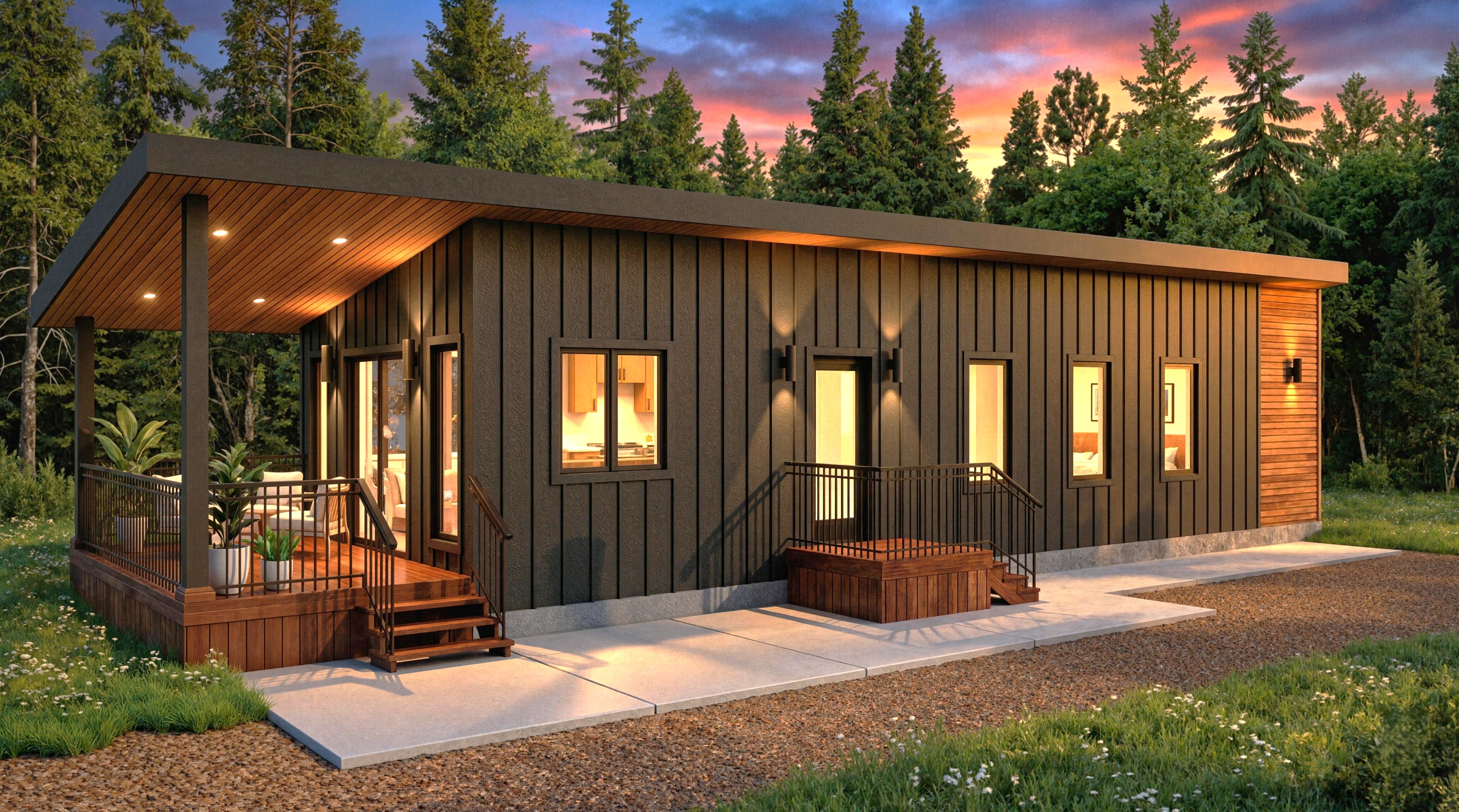 Photoreal modular cabin rendering at sunset