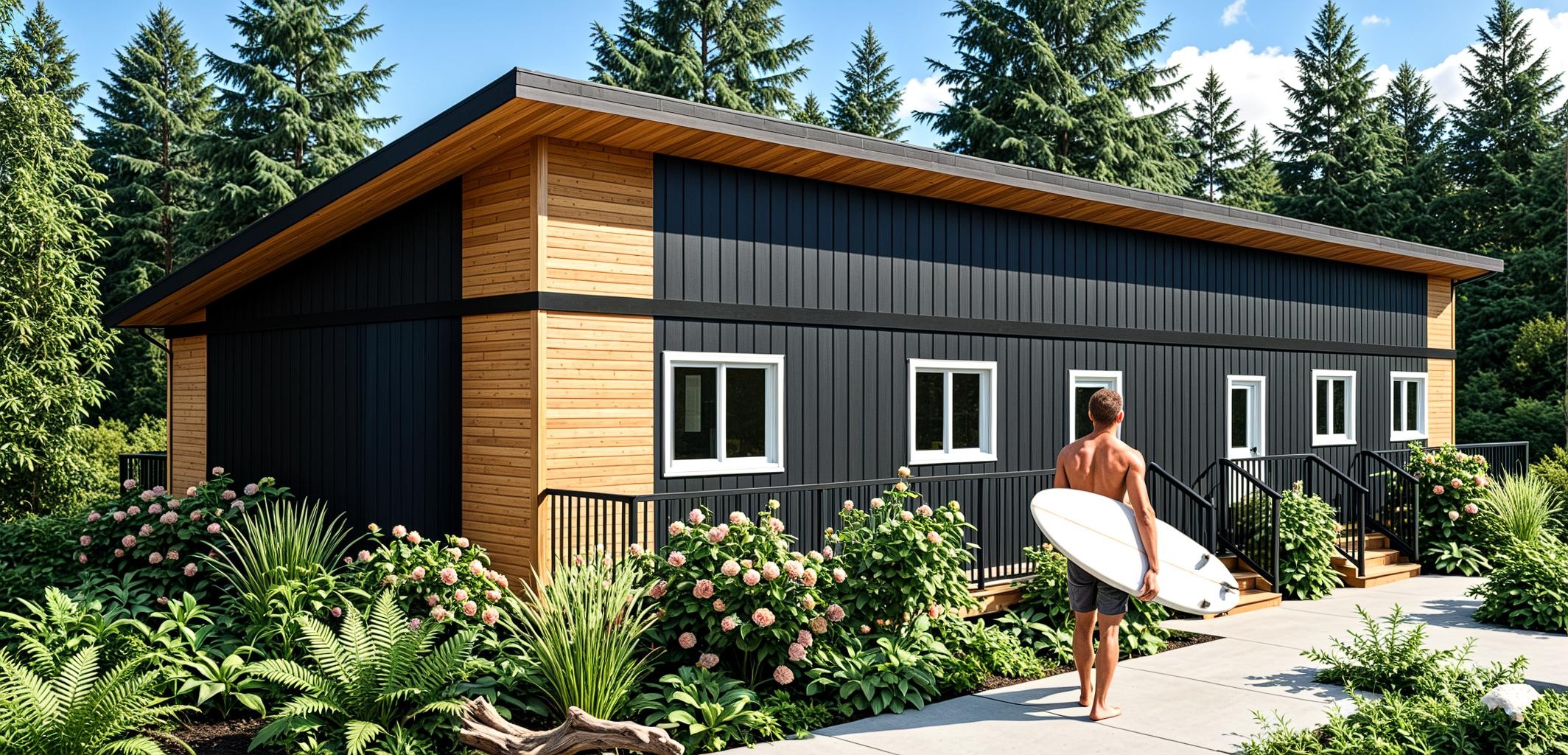 Dark modular home with cedar accents and lush garden