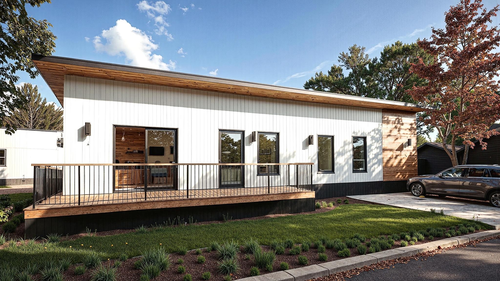White modular home with covered deck and driveway