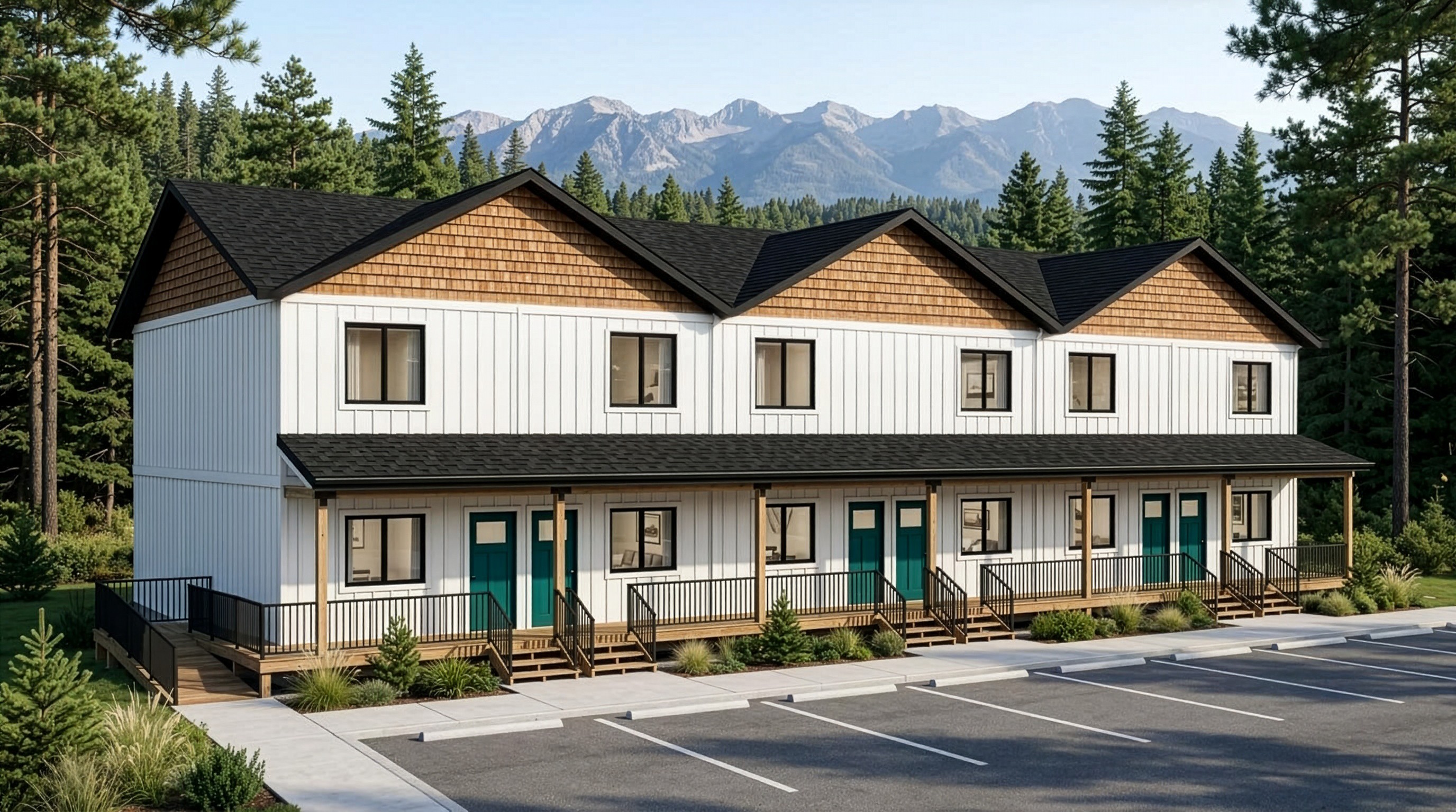 Multi unit townhouse with shingled gables and mountain backdrop